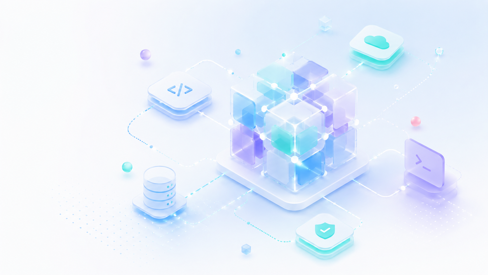 A bright pastel modular lattice network connecting software primitives.